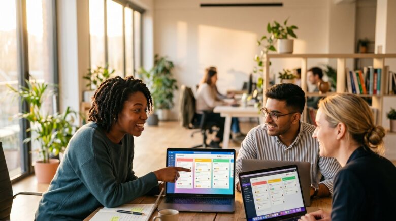Small business team using a task management app on laptop to replace shared spreadsheets