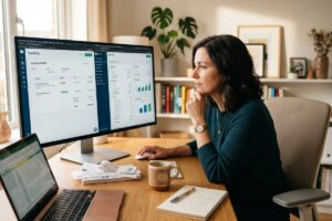 Small business owner comparing a billing app and accounting software on a laptop screen