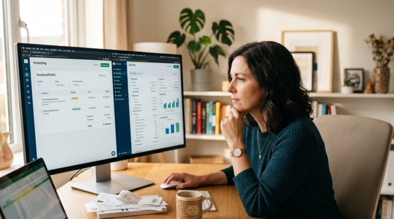 Small business owner comparing a billing app and accounting software on a laptop screen