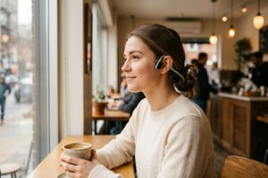 Person wearing bone conduction headphones outdoors as a comfortable earbud alternative