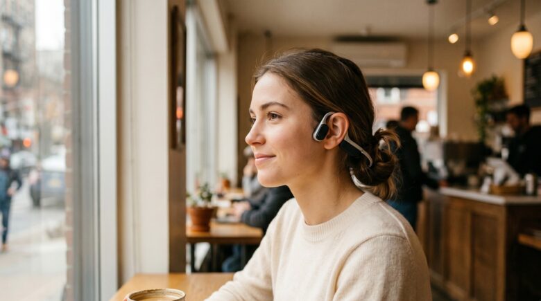 Person wearing bone conduction headphones outdoors as a comfortable earbud alternative
