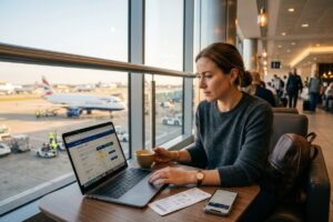 Traveler comparing flight booking options on laptop between airline website and OTA platform