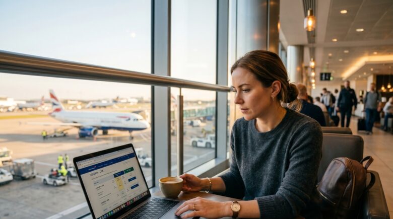 Traveler comparing flight booking options on laptop between airline website and OTA platform