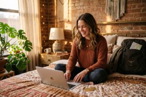 Traveler browsing lesser-known accommodation websites on a laptop to find cheaper hotel alternatives