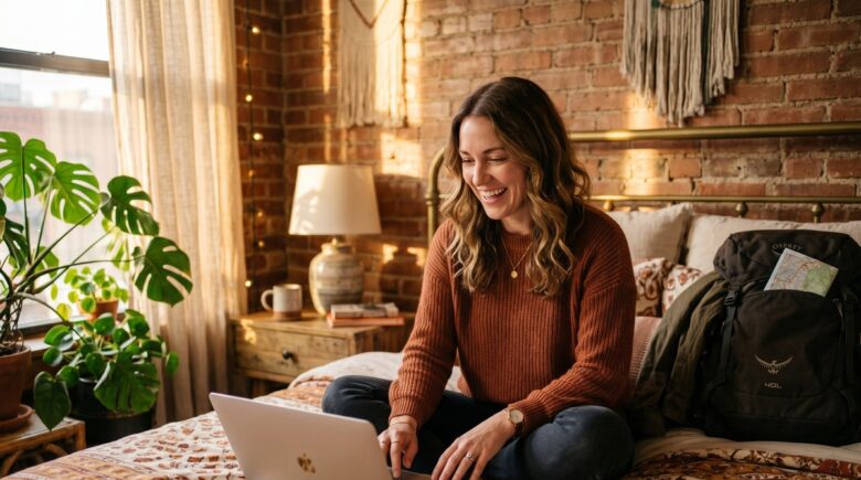 Traveler browsing lesser-known accommodation websites on a laptop to find cheaper hotel alternatives