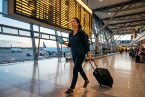 Traveler reviewing connecting flight itinerary on laptop at airport terminal