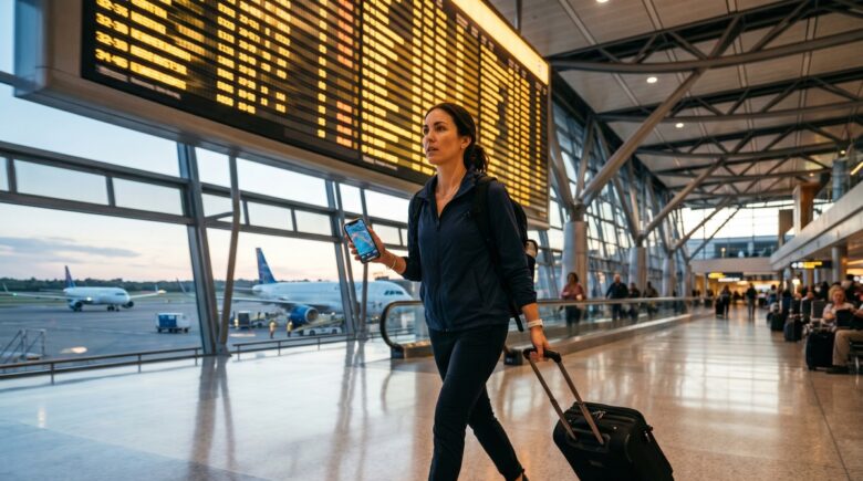 Traveler reviewing connecting flight itinerary on laptop at airport terminal