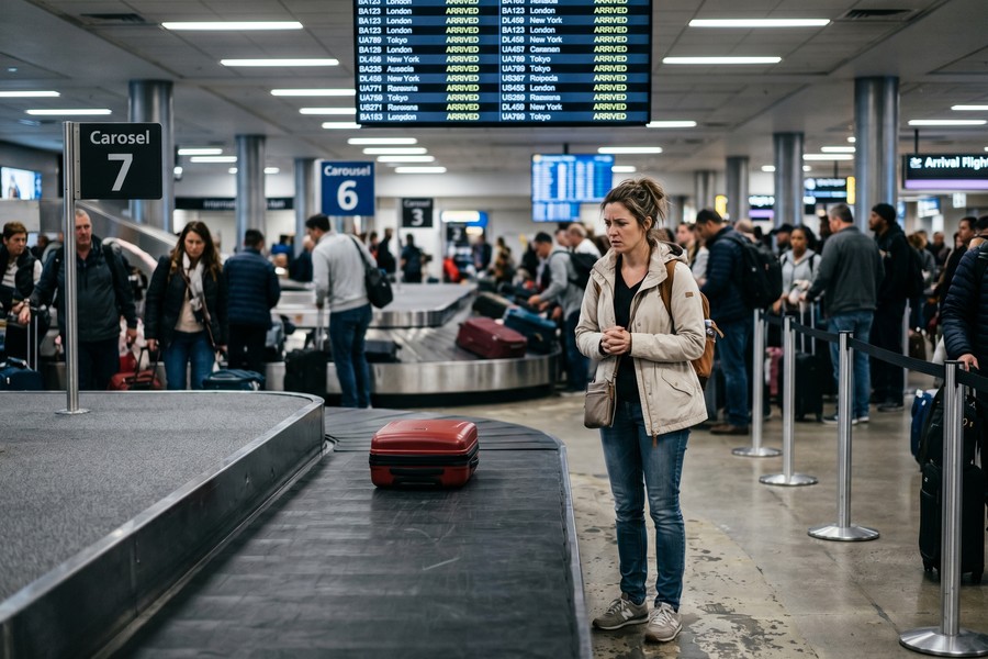 Traveler re-checking luggage at an airport counter during a self-connected layover