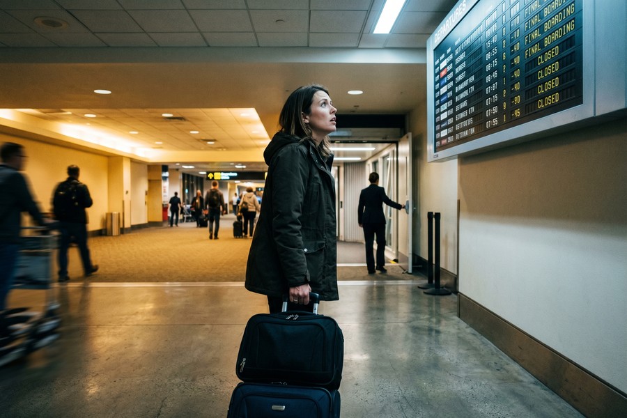 Traveler checking flight rebooking options on a smartphone app at a busy airport gate