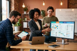 Boutique agency team using a single business operations app on laptop replacing multiple disconnected tools