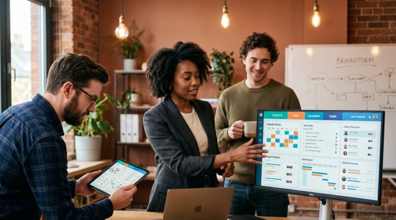 Boutique agency team using a single business operations app on laptop replacing multiple disconnected tools