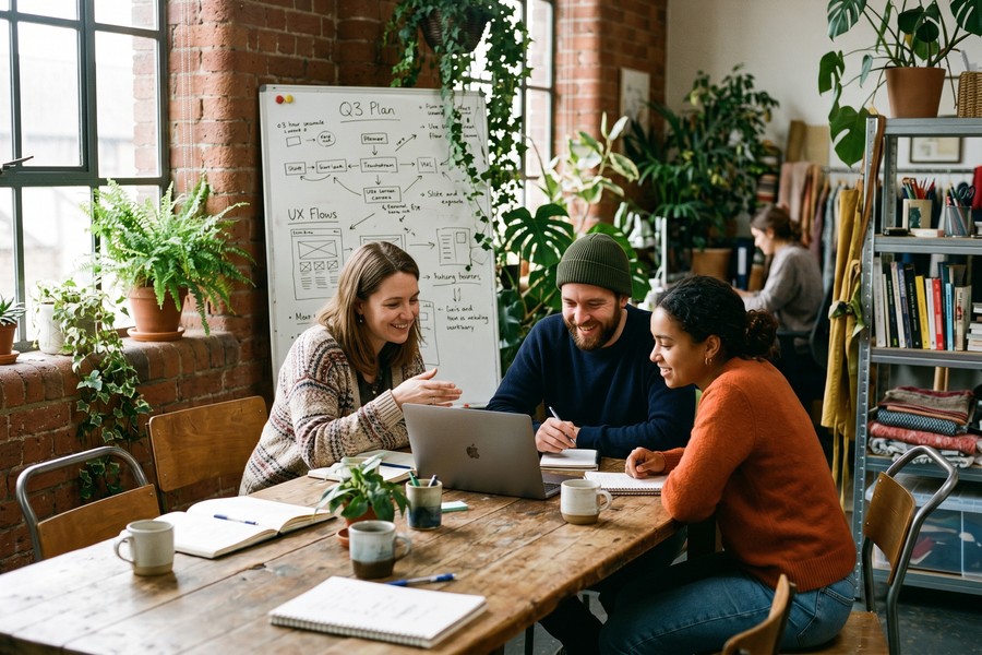 Small team of eight working collaboratively in a bright modern office on multiple screens