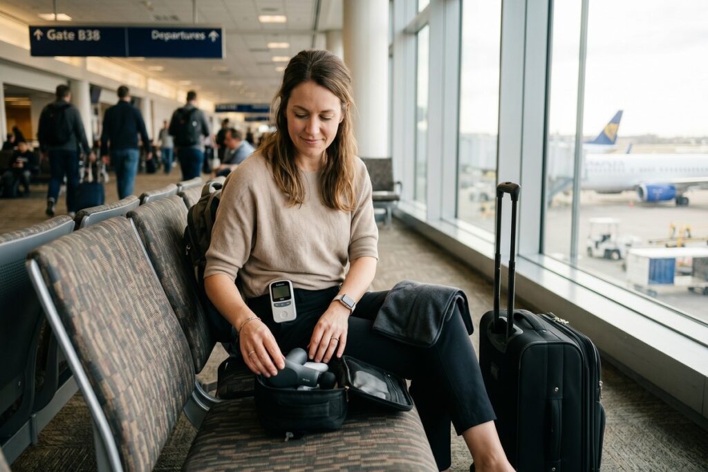 Solo traveler with a compact comfort kit open on an airport seat, showing three small gadgets including a massage device and a portable pain relief tool