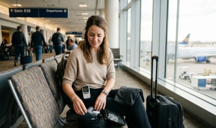 Solo traveler with a compact comfort kit open on an airport seat, showing three small gadgets including a massage device and a portable pain relief tool