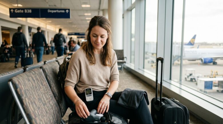 Solo traveler with a compact comfort kit open on an airport seat, showing three small gadgets including a massage device and a portable pain relief tool