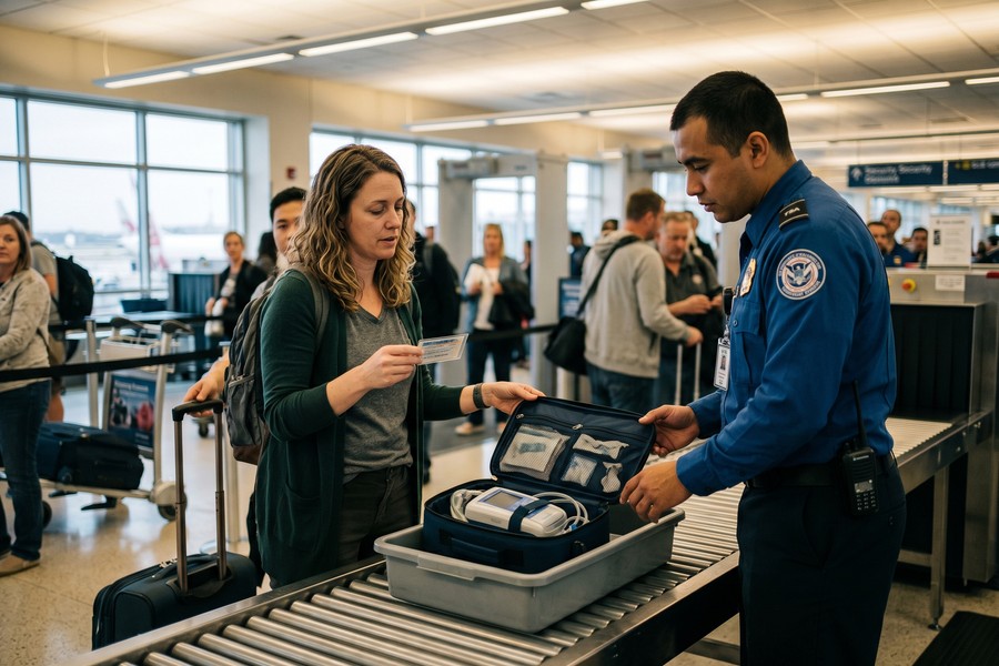 Solo traveler passing through airport security checkpoint, declaring small medical devices to TSA officer