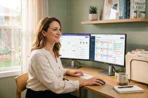 Solo bookkeeper using a client management app on a laptop to organize 30 clients without stress
