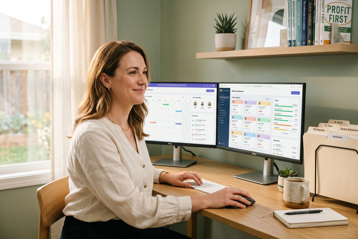 Solo bookkeeper using a client management app on a laptop to organize 30 clients without stress
