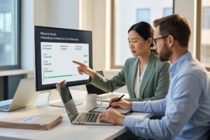 Two-person agency team using a client onboarding app on a laptop to streamline setup
