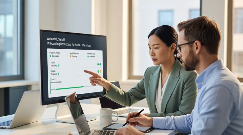 Two-person agency team using a client onboarding app on a laptop to streamline setup