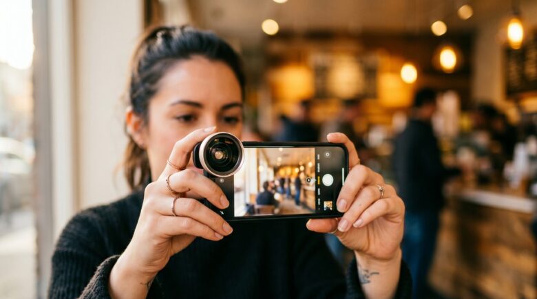 A clip-on telephoto lens attached to the rear camera of a modern smartphone sitting on a wooden surface
