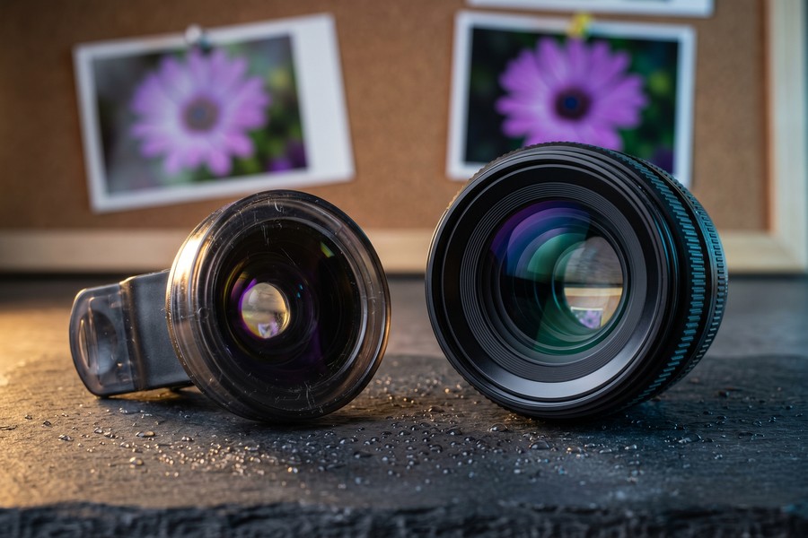 Side-by-side macro photo comparison: built-in phone camera vs clip-on macro lens, close-up flower