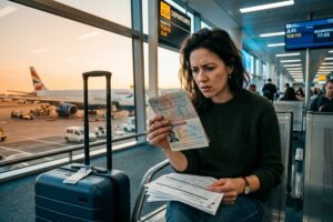 Traveler looking stressed while reviewing visa application documents at airport
