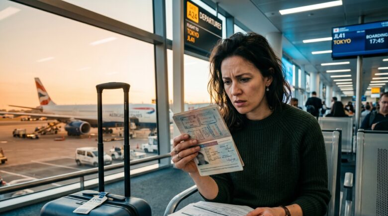 Traveler looking stressed while reviewing visa application documents at airport