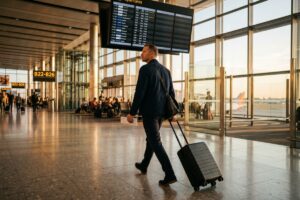Traveler checking connecting flight departure board at busy airport terminal