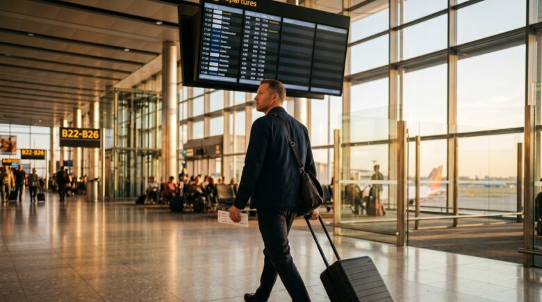 Traveler checking connecting flight departure board at busy airport terminal
