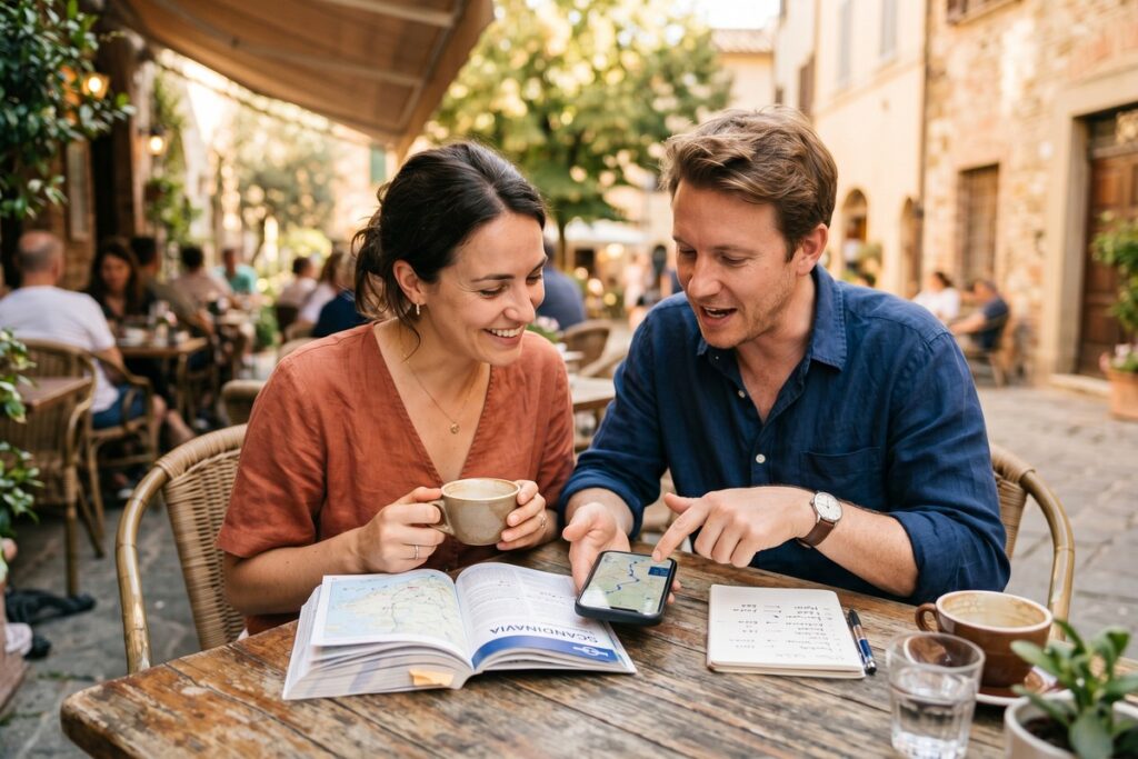 Couple planning a trip together with a map and travel budget spreadsheet on a table