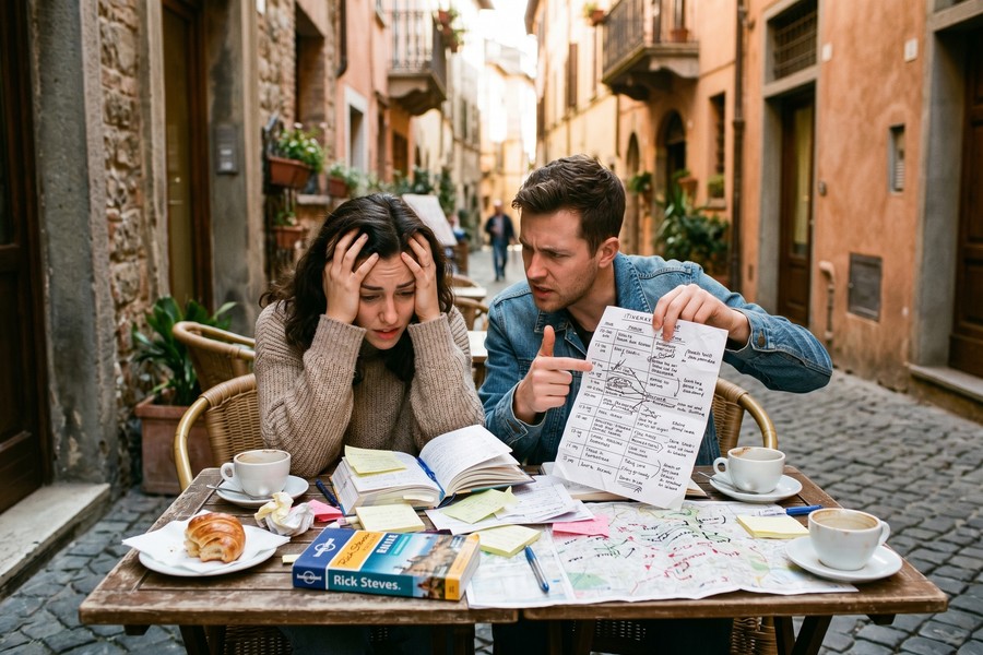 Couple sitting together planning a trip on laptop with a map and travel documents spread out