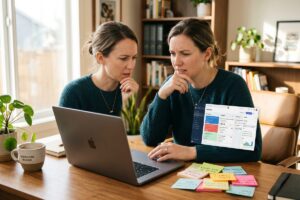 Small business owner reviewing CRM follow-up mistakes on a laptop dashboard