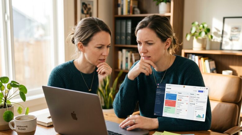 Small business owner reviewing CRM follow-up mistakes on a laptop dashboard