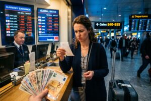 Traveler comparing currency exchange rates at an airport kiosk while holding foreign cash and a smartphone