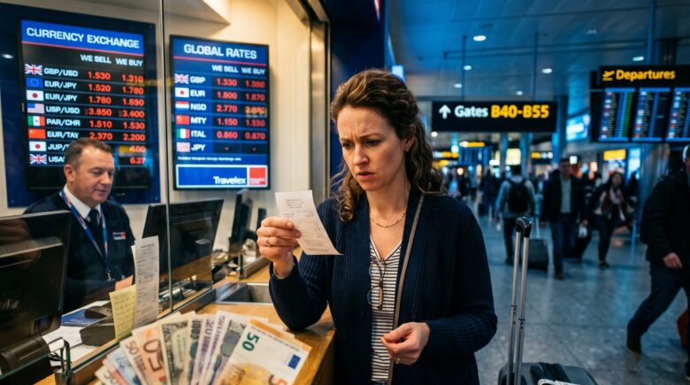 Traveler comparing currency exchange rates at an airport kiosk while holding foreign cash and a smartphone