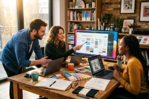 Small creative agency team using design collaboration apps on laptops and tablets