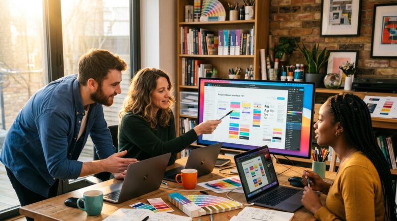 Small creative agency team using design collaboration apps on laptops and tablets