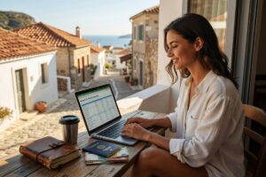 Digital nomad working on laptop at a affordable cafe abroad managing travel budget