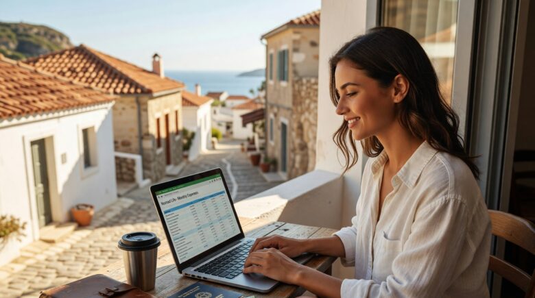 Digital nomad working on laptop at a affordable cafe abroad managing travel budget