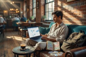 Digital nomad reviewing travel insurance options on a laptop at a co-working space abroad
