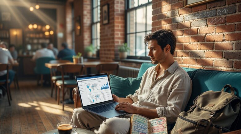 Digital nomad reviewing travel insurance options on a laptop at a co-working space abroad