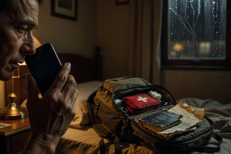Nomad on phone filing insurance claim from a hospital reception desk abroad