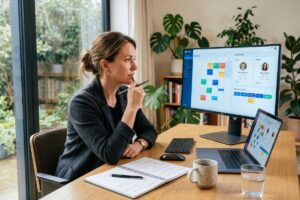 Coach comparing Dubsado vs HoneyBook on a laptop for client management