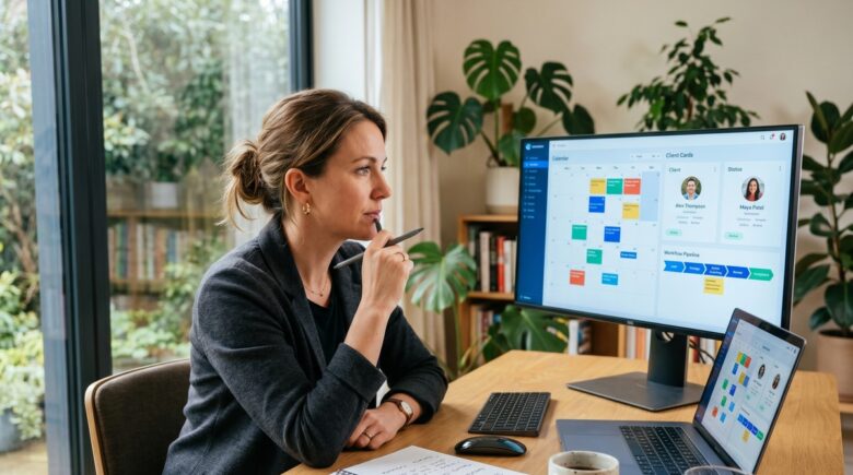 Coach comparing Dubsado vs HoneyBook on a laptop for client management