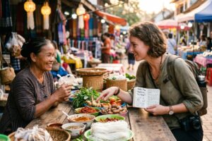 Traveler reviewing a menu abroad while managing dietary restrictions on a budget