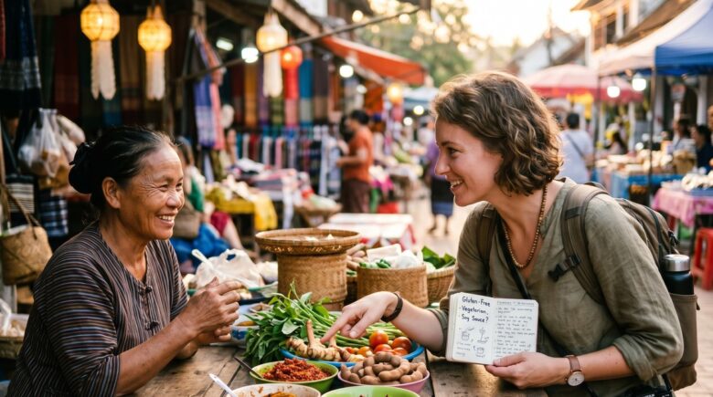 Traveler reviewing a menu abroad while managing dietary restrictions on a budget