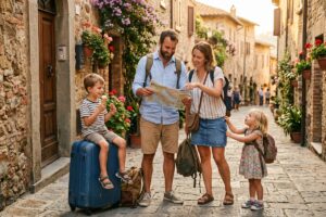 Family of four with luggage at a European train station preparing to board an overnight train