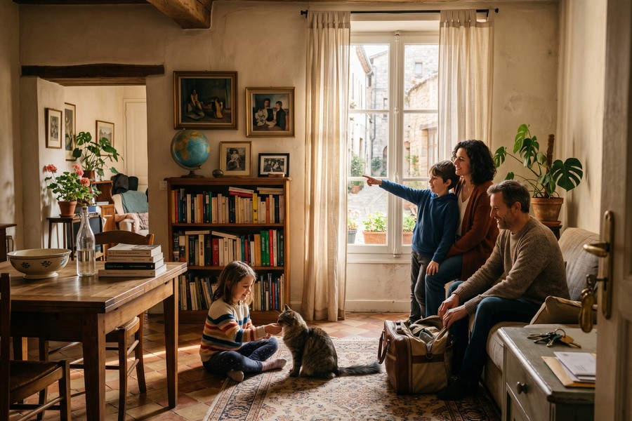 Family with children exploring a local European market near a residential apartment