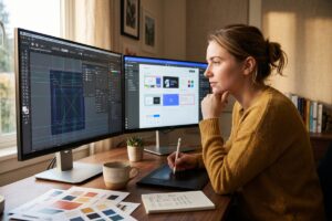 Side-by-side comparison of Figma and Canva interfaces on a designer's laptop screen